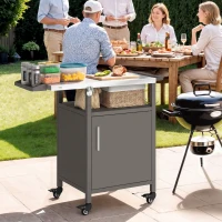 Outsunny Grill Cart with Stainless Steel Top, Pizza Oven Stand with Cabinet, Spice Rack, Towel Holder, Bottle Opener, Brown(m-10)