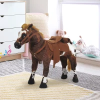 HOMCOM Cavallo Giocattolo per Bambini 2+ Anni con Nitrito, Sella e Staffe, in Peluche e Metallo, 85x28x60 cm, Marrone(m-10)