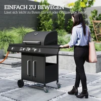 Outsunny Mobiele gasbarbecue met opbergruimte, zijtafel, zijbrander, warmhoudrooster, thermometer, roestvrij staal, zwart(m-8)