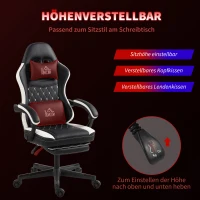 HOMCOM Gaming-Stoel met Voetensteun, Computerstoel met Hoofdkussen & Kussen, Kunstleer Bekleding, Draaibaar, Hoogte Verstelbaar, Metaal, Kunststof, Zwart+Wit(m-4)