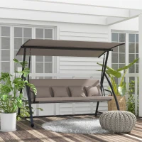 Outsunny 2-in-1 Hollywood schommel met Ligfunctie, 3-zits Tuinschommel van Staal 170x110x153cm, Lichtbruin(m-2)