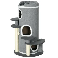 PawHut Kattenkrabpaal Krabton, 2 Kattenholen, 4 Ligplekken, 4 Krabpalen, 57 x 57 x 99 cm, Grijs + Wit(m-10)