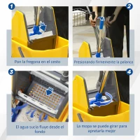 HOMCOM Cubo de Fregar con Ruedas Escurridor de Presión y Cestas de Almacenamiento Capacidad de 26 L 73x45x95 cm Amarillo(m-5)