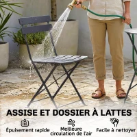 Outsunny Ensemble Bistrot de Jardin 3 Pièces Table et 2 Chaises Pliantes à Lattes Double Protection Antirouille Noir(m-7)