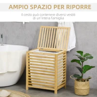 HOMCOM Cesto Portabiancheria a Doghe in Bambù e Poliestere con Coperchio e Sacca Rimovibile, 50x36x60 cm(m-4)