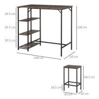HOMCOM Industrial Bar Height Dining Table Set With 2 Stools & Side Shelf, 3 Pieces Coffee Table for Dining Room, Kitchen, Dinette(m-3)
