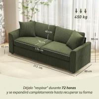 HOMCOM Sofá de 3 Plazas Tapizado en Pana con 2 Almohadas Reposabrazos y Cojín de Muelles 212x80x88 cm Verde(m-3)