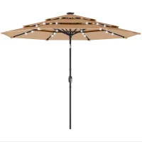 Outsunny 2.8 m Garden Parasol Umbrella with LED Solar Light, Parasol Cover, 3 Tier Outdoor Table Market Patio Umbrella, Khaki(m-1)