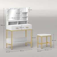 HOMCOM Toucador de Maquilhagem com Luz e Banco Mesa de Maquilhagem com 2 Gavetas e Prateleiras Estilo Moderno para Quarto Branco(m-3)