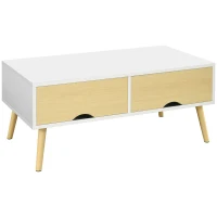 HOMCOM Table basse de salon rectangulaire avec 2 tiroirs et 1 compartiment ouvert 90 x 48 x 39 cm blanc et naturel(m-12)