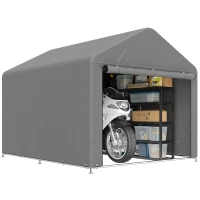 Outsunny 2x2,4 m Garaj Moto pentru Exterior, Tenda Impermeabilă cu Ușă Rulabilă, pentru Biciclete și Unelte, Cadrul din Oțel Zincat, Adăpost de Grădină, Gri Deschis(m-11)