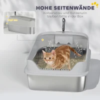 PawHut Roestvrijstalen open kattenbak met schep en hoge rand voor grote katten tot 12 kg 69,8 x 50,3 x 29,8 cm Grijs(m-6)