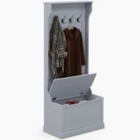 HOMCOM Cuier 3 în 1 cu 4 cârlige și bancă cu spațiu de depozitare, din lemn, 71,5x39,5x170 cm, gri(m-12)