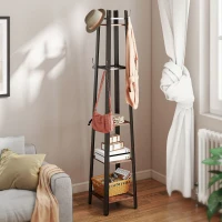 HOMCOM Perchero de Pie de 4 Niveles con 4 Estantes 8 Ganchos con Estructura Metálica para Colgar Ropa Sombrero Marrón Rústico(m-7)