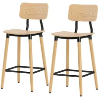HOMCOM Set van 2 Barstoelen met Rugleuning, Voor Huisbar, Keukeneiland, Eetkamer, Hout, Metaal, Lichtbruin(m-10)