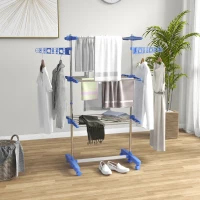 HOMCOM Opvouwbare Wasrek met 4 niveaus en One-Klick-systeem - 142 cm x 55 cm x 152 cm - Blauw + Zilver(m-2)