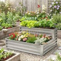 Outsunny Caixa de Cultivo de 2 Níveis em Aço Galvanizado com Design em Escada e Fundo Aberto  120x101x58 cm Prata(m-7)
