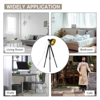 HOMCOM Tripod Floor Lamp, Spotlight Reading Lamp w/ Adjustable Height, Angle, Wood Legs for Living Room, Bedroom, Home, Office, Black and Gold(m-7)
