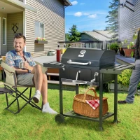 Outsunny Barbecue au charbon de bois bac à charbon réglable, couvercle, thermomètre, tablettes, à roulettes, en acier inoxydable(m-10)
