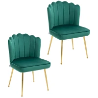 HOMCOM Shell Dining Chairs Set of 2, Upholstered Kitchen Chairs with Gold Metal Legs and Backrest, Velvet Fabric Lounge Leisure Chairs for Living Room, Reception Room, Green(m-1)
