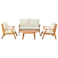 Outsunny Gartenmöbel-Set für 4 Personen Balkonmöbel-Set mit Sitzkissen, Couchtisch, Kiefernholz, Beige(m-11)