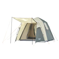 Outsunny Tente pop up montage instantané - tente de camping familiale 3-4 pers.  - 2 portes + 2 fenêtres + chambre - dim. 2,25L x 4,45l x 1,75H m fibre verre polyester oxford beige vert kaki(m-1)