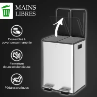 HOMCOM Poubelle de cuisine double, 2 x 28L, 2 couvercles à fermeture douce, seaux intérieurs amovibles et poignées(m-6)