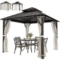 Outsunny 3 x 3(m) Hardtop Gazebo Canopy with Double Metal Roof, Waterproof Permanent Pavilion Garden Gazebo with Netting and Curtains, Easy to Assemble, Beige(m-11)