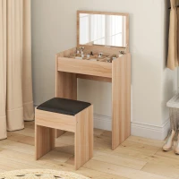 HOMCOM Dressing Table with Mirror and Stool, Vanity Makeup Table with Flip Up Mirror, Vanity Desk with Storage Unit and Padded Seat, Wood(m-7)