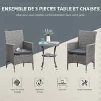 Outsunny Ensemble salon de jardin 2 places : 2 fauteuils et table basse plateau verre trempé résine tressée imitation rotin avec coussins gris(m-4)