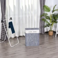 HOMCOM Bambus Wäschekorb mit Deckel 100 L Wäschesammler mit PU-Griffen, Wäschesack aus Segeltuch, Laundry Baskets Wäschesortierer für Waschküche Schlafzimmer Badezimmer Grau(m-10)