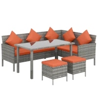 Outsunny 6-Seater Rattan Dining Set Sofa Table Footstool Outdoor w/ Cushion Garden Furniture, Orange(m-1)