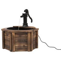 Outsunny Wooden Electric Water Fountain Garden Ornament w/ Hand Pump Plastic Well Classic Water Pump Feature Decoration Suitable For Garden Patio Oasis(m-10)