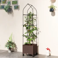 Outsunny Raised Garden Bed with Trellis, Tomato Cage with Lockable Wheels, Self Watering Planter Box with Drainage Holes, Brown(m-10)