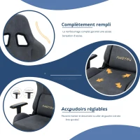 Chaise gaming avec repose-pieds, simili-suède respirant, réglable en hauteur avec vérin à gaz, pivotante, 70x70x135 cm, Gris(m-8)