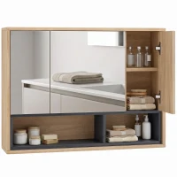 HOMCOM Badezimmermöbel mit Spiegel, wandhängender WC-Schrank mit 3 Türen und 8 Fächern, Eiche(m-8)