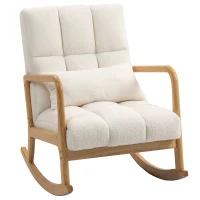 HOMCOM Fotoliu Balansoar 90°-130° cu Pernă Lombară, Acoperit cu Material Textil Sherpa, 64.5x82x89 cm, Alb și Lemn Natur(m-12)