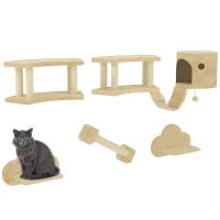 PawHut 5-delig Katten Klimset met Krabpaal, Springplatformen, Ladder, Huis, Wandmontage, Beige(m-11)