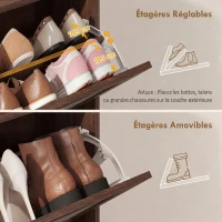 HOMCOM Meuble à Chaussures 16 Paires, 2 Tiroirs, Portes en Rotin et Étagères Réglables, 80x23,7x99,5cm, Marron Foncé(m-6)