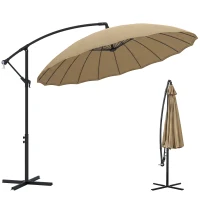 Outsunny 3(m) Cantilever Umbrella 18 Ribs & Vents Adjustable Angle for Patio Khaki(m-1)