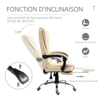HOMCOM Fauteuil de bureau fauteuil manager grand confort dossier inclinable roulettes P.U 64,5 x 69 x 117 cm crème(m-5)