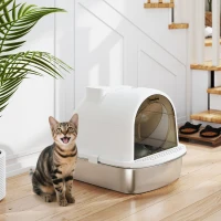 PawHut Maison de toilette pour chat bac à litière fermé bac acier inoxydable, nettoyage facile, 52,4 x 41,3 x 39,9 cm, blanc(m-2)