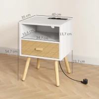 HOMCOM Mesilla de Noche con Estación de Carga Cajón 2 Tomas AC Puerto USB Tipo-C Compartimento Abierto Patas de Madera Blanco(m-3)