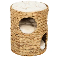 PawHut Krabton, 50 cm, 2 Grotten, Kussen, Krabpaal met Kattenbed, Kattentoren van Waterhyacint, Lichtbruin(m-10)
