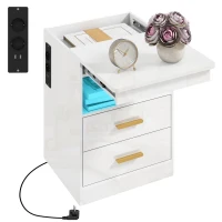 HOMCOM Modern nachtkastje, bijzettafel met oplaadstation en RGB-ledverlichting, hoogglans wit(m-15)