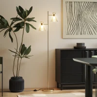 HOMCOM Floor Lamp with Adjustable Dual Head, Modern Standing Lamp with Floral Glass Shades and Foot Switch for Living Room Bedroom, E27 Socket, Bulb Not Included, Gold Tone(m-6)