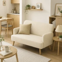 HOMCOM Velvet Feel Fabric 2 Seater Sofa, Small Sofa Loveseat with 21cm Thick Padding and Wood Legs, Cream White(m-10)