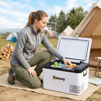 Outsunny Nevera Portátil Eléctrica 18L 12/24V hasta -20℃ Nevera y Congelador de Compresor para Coche con Doble Zona Luz LED Asas Plegables Bajo Consumo Energético para Camping 58,5x33,5x29,2 cm Blanco(m-2)