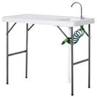 Outsunny Mesa Plegable de Picnic Multifuncional con Fregadero Grifo y Pistola de Riego Extensible para Balcón Jardín Camping Barbacoa Exterior Metal 114,5x59x94,5 cm Blanco(m-10)