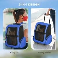 PawHut 2 in 1 Dog Backpack and Trolley, Pet Travel Backpack Cat Dog Carrier with Telescopic Handle, Portable Pet Stroller Wheel Luggage Bag (Blue)(m-4)